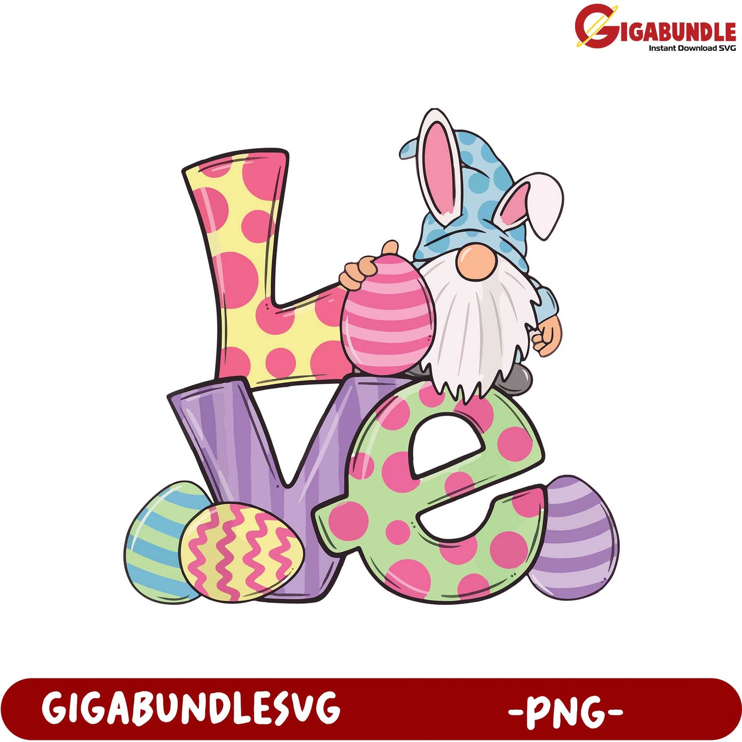 Adorable Gnome Love with Colorful Easter Eggs - PNG Design