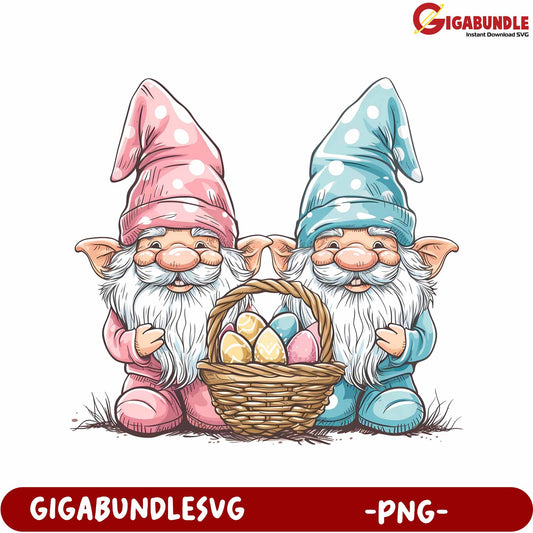 Adorable Gnomes with Basket of Colored Eggs - PNG Design