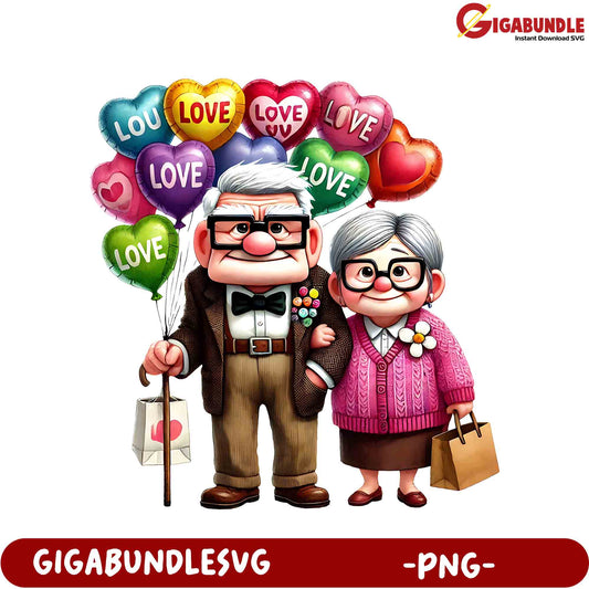 Adorable Grandparents with Love Balloons - Cute PNG Clipart Design