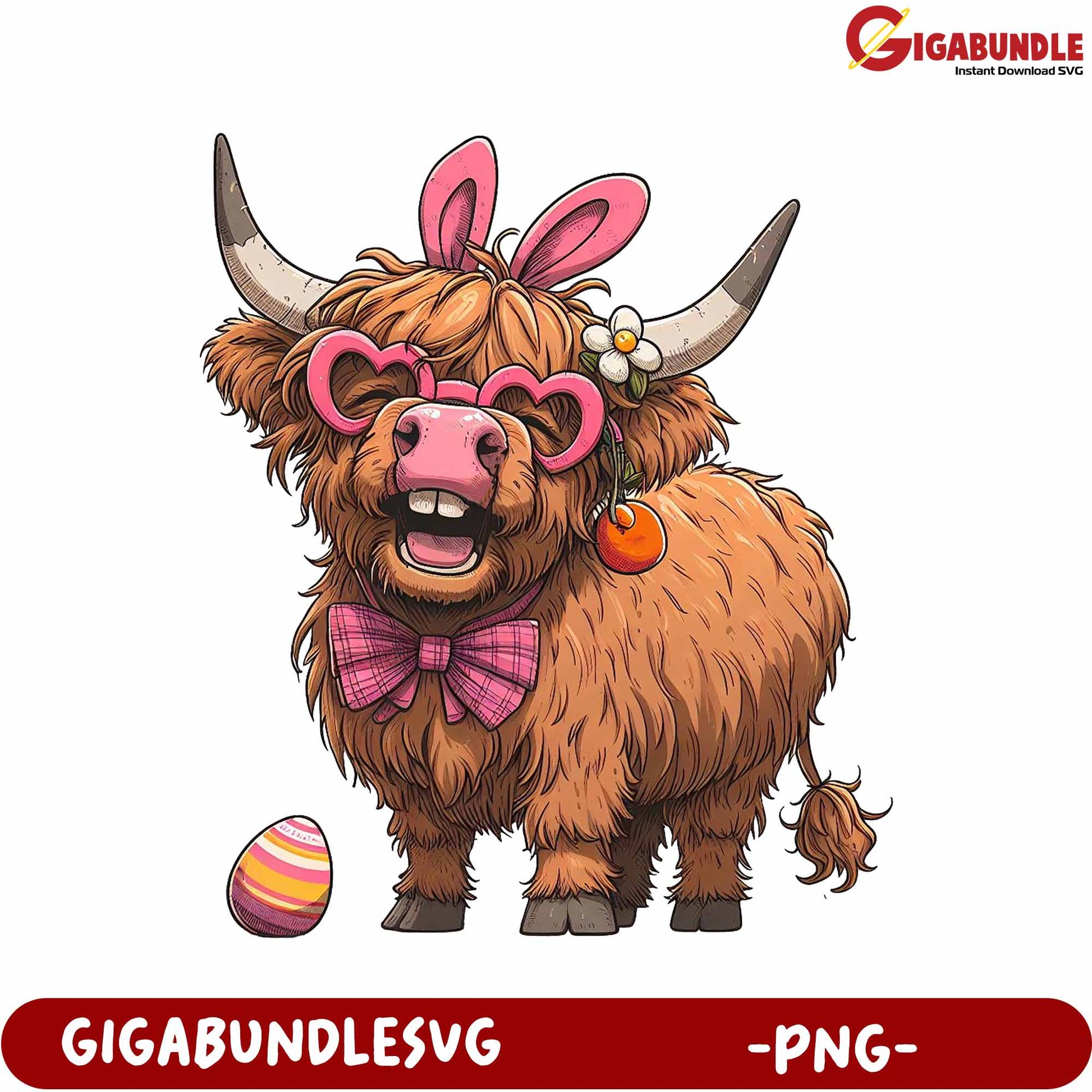 Adorable Highland Cow with Accessories, Easter Theme PNG File