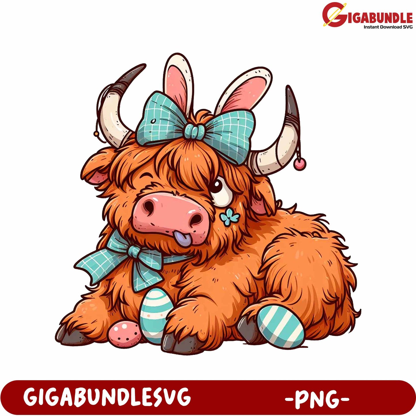 Adorable Highland Cow with Bow and Easter Eggs PNG Design