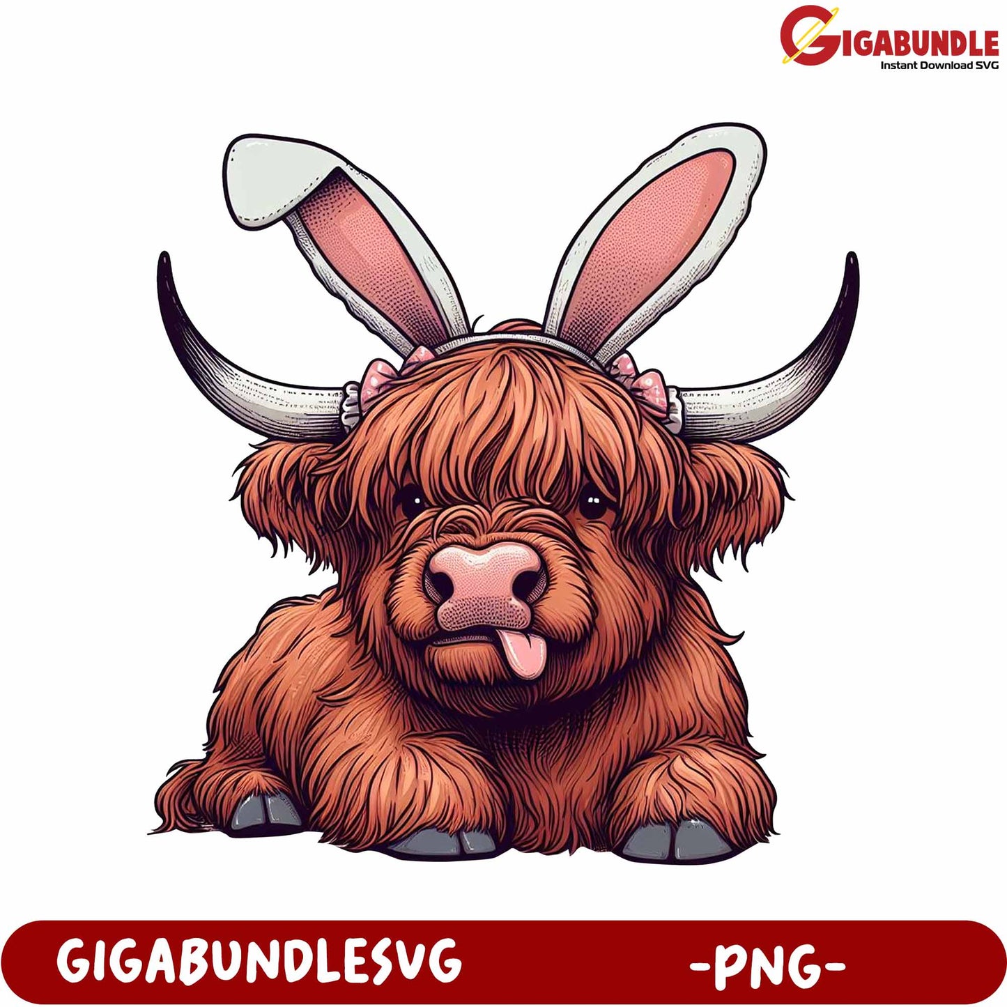 Adorable Highland Cow with Bunny Ears Graphic - PNG Format