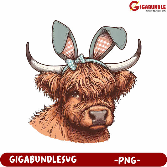 Adorable Highland Cow with Bunny Ears Illustration PNG File