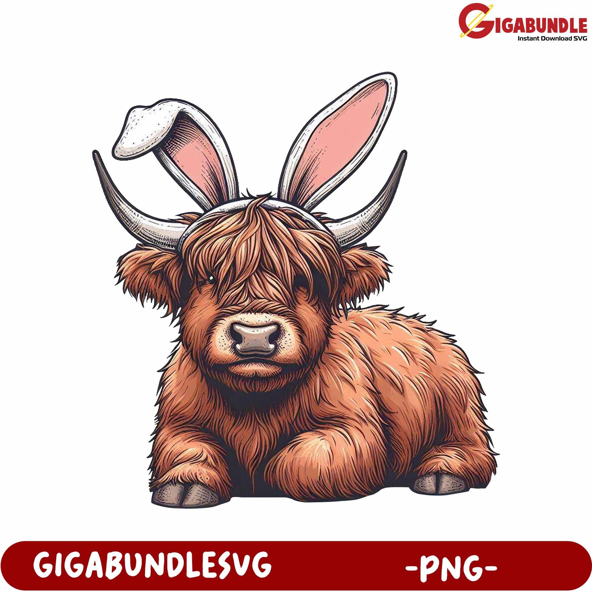 Adorable Highland Cow with Bunny Ears PNG Digital Download