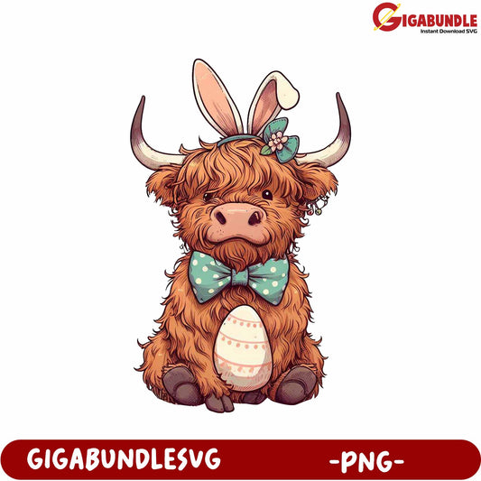 Adorable Highland Cow with Bunny Ears PNG Downloadable Art