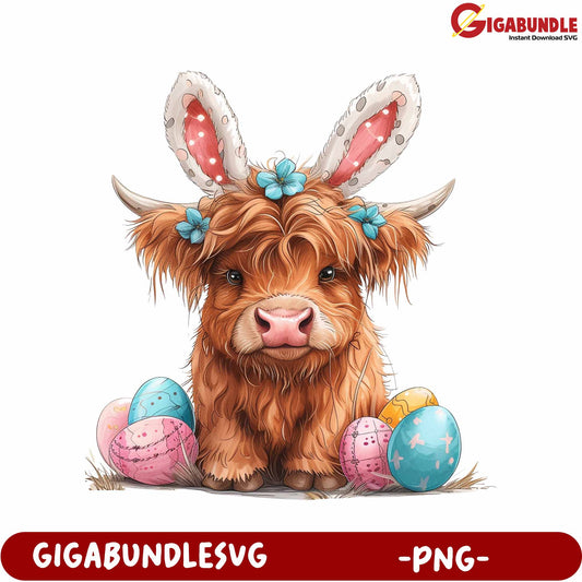 Adorable Highland Cow with Bunny Ears and Colorful Eggs - PNG