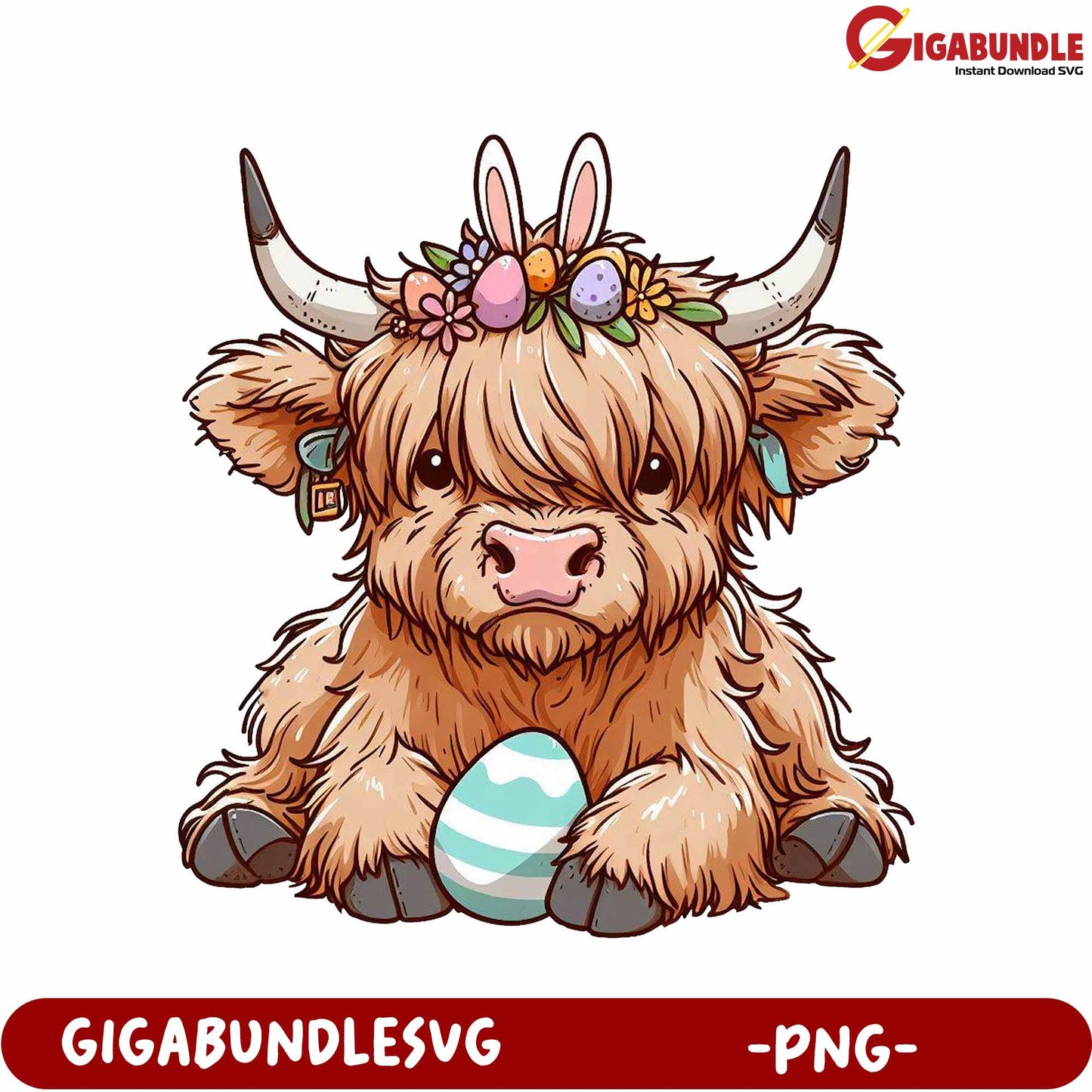 Adorable Highland Cow with Easter Eggs - PNG Graphic File