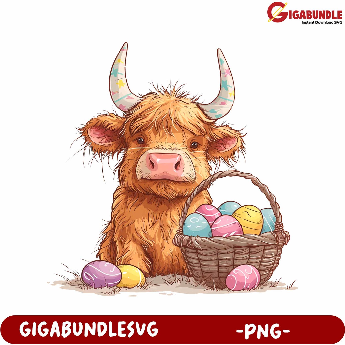 Adorable Highland Cow with Easter Eggs PNG Design for Crafts