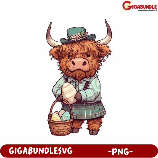 Adorable Highland Cow with Easter Eggs PNG Graphic Design