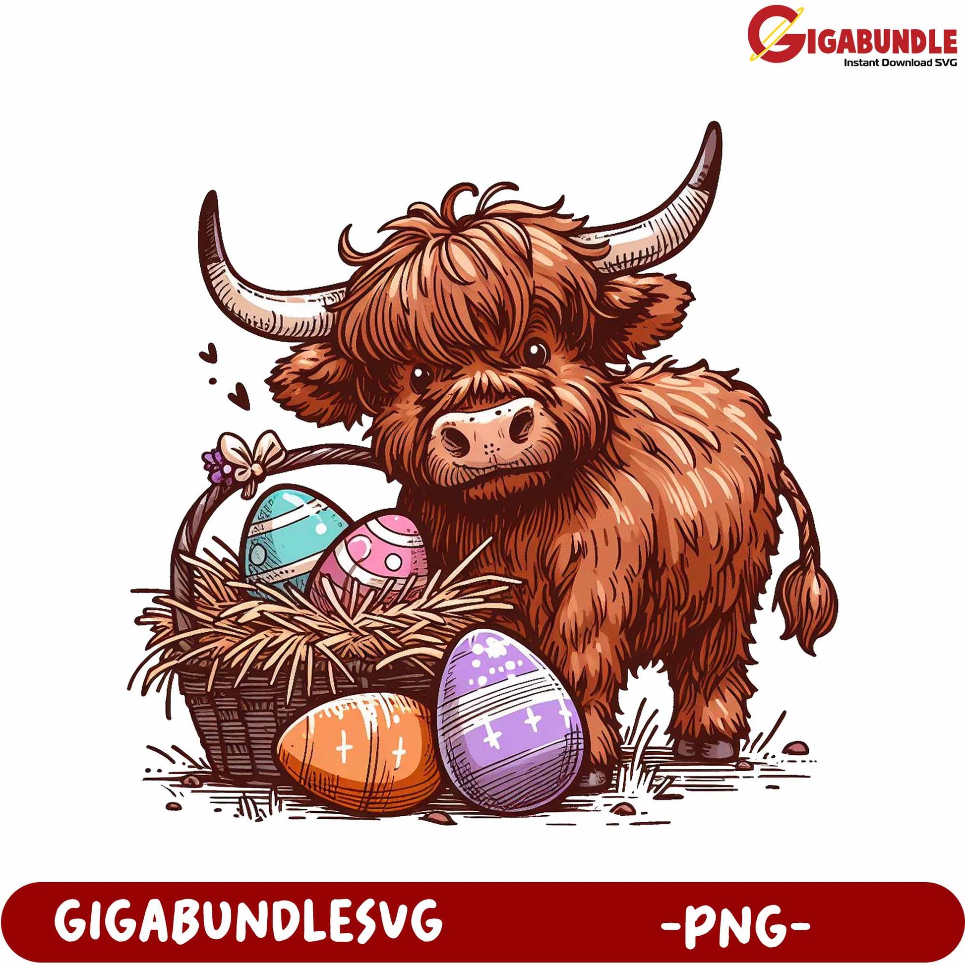 Adorable Highland Cow with Easter Eggs PNG Graphic Download