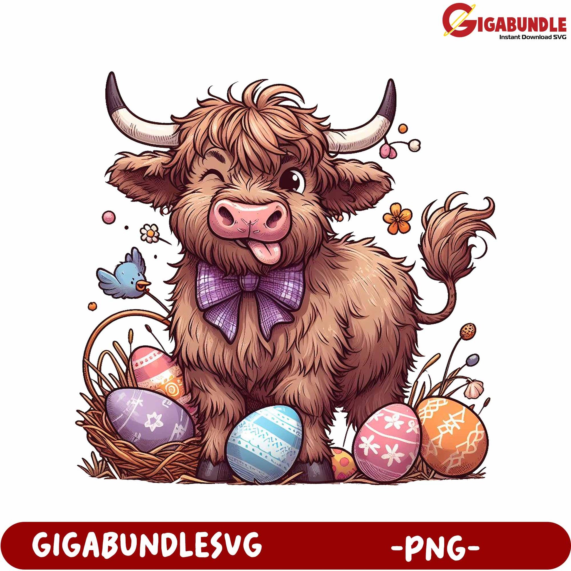 Adorable Highland Cow with Easter Eggs PNG for Crafts