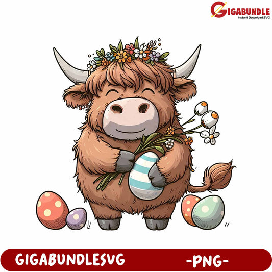 Adorable Highland Cow with Easter Eggs and Flower Bouquet PNG