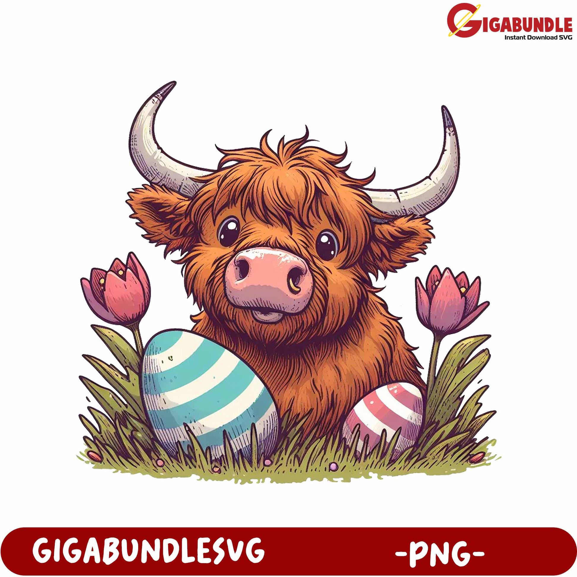 Adorable Highland Cow with Easter Eggs and Flowers - PNG