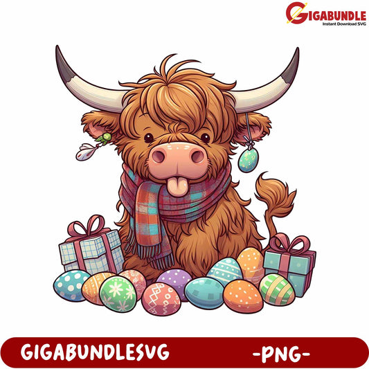 Adorable Highland Cow with Easter Eggs and Gifts PNG Design