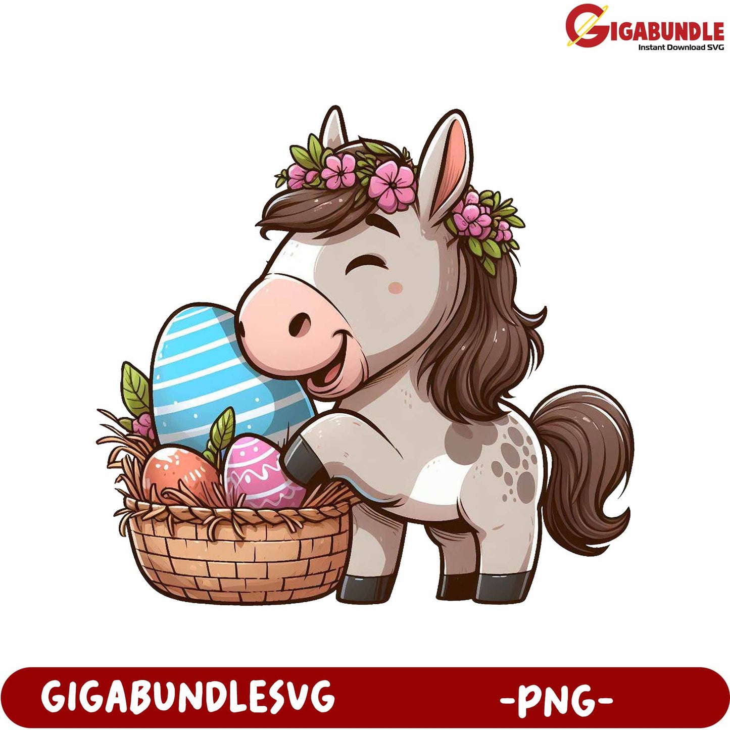 Adorable Horse with Easter Eggs in Cute Basket - PNG Design