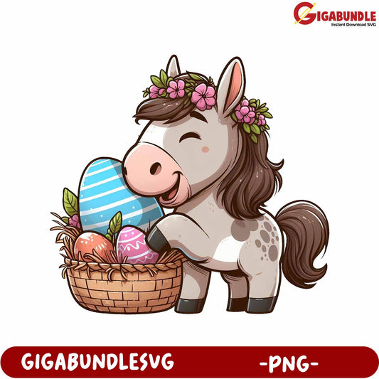 Adorable Horse with Easter Eggs in Cute Basket - PNG Design