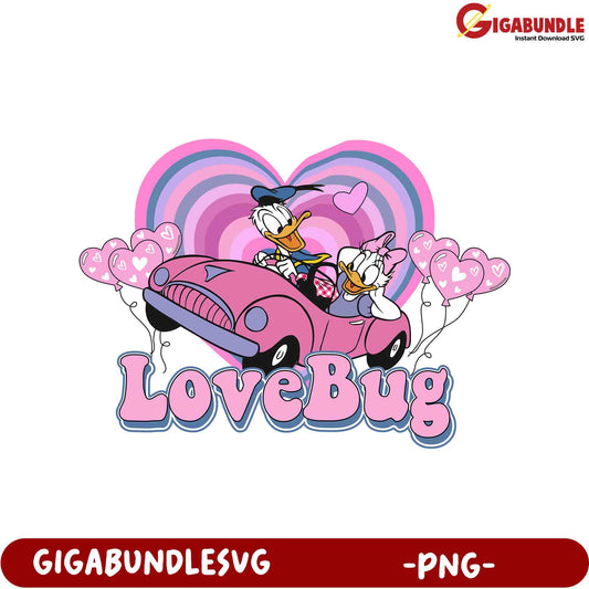 Adorable Love Bug PNG with Donald and Daisy in a Pink Car Design