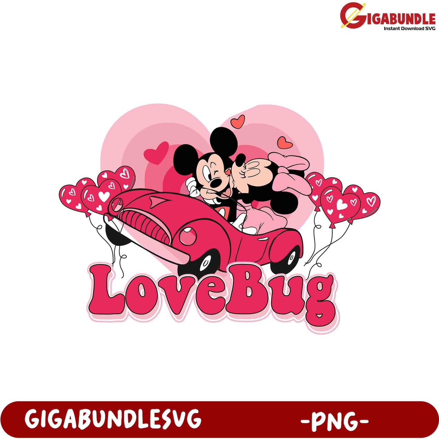 Adorable Love Bug PNG with Mickey and Minnie in a Romantic Car