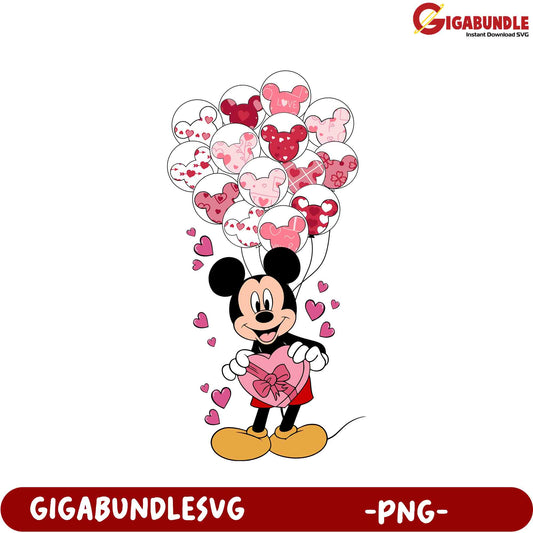 Adorable Mickey Mouse with Heart Balloons PNG - Perfect for Valentine's Day