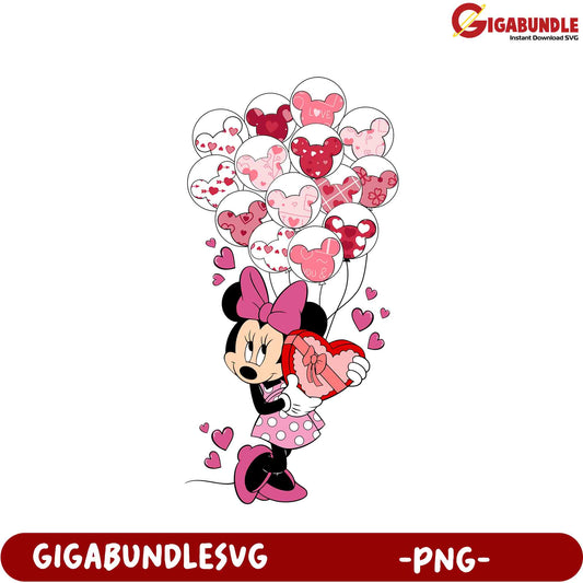 Adorable Minnie Mouse with Heart Balloons PNG for Valentine's Day Fun