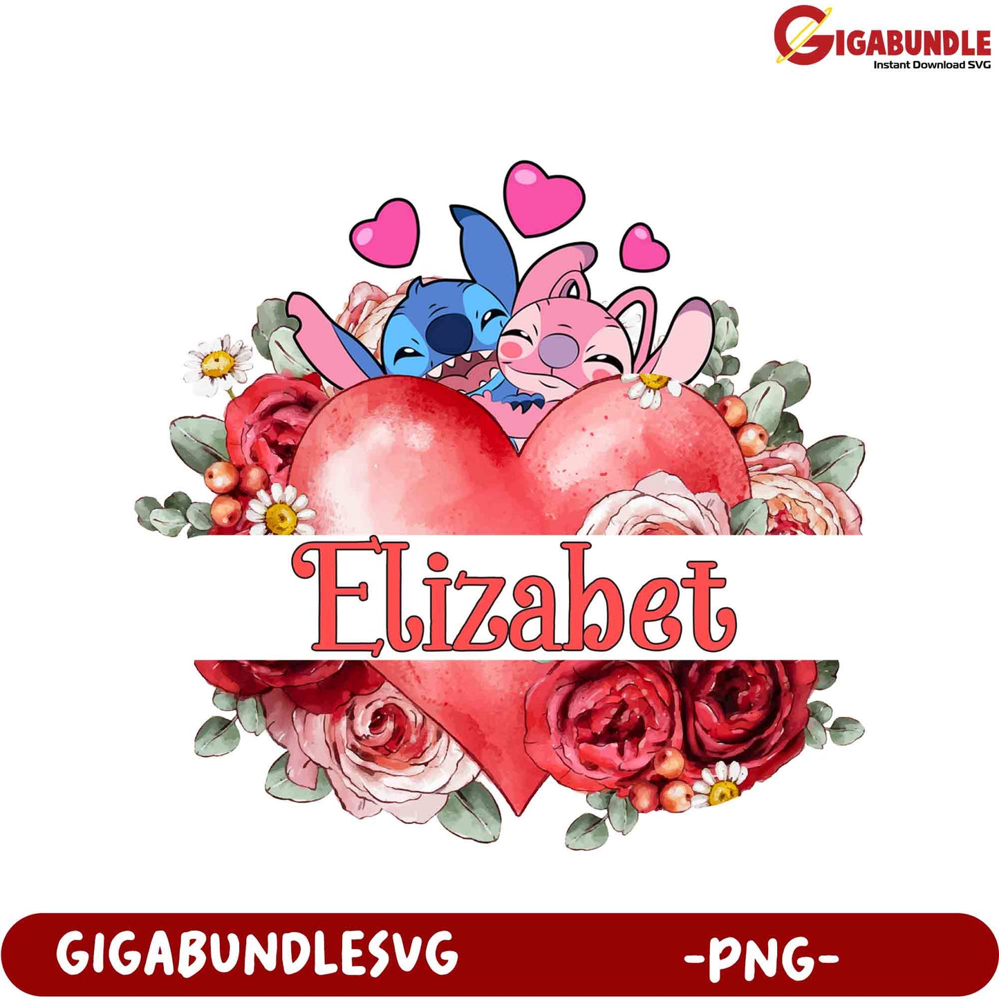 Adorable PNG Design with Floral Heart and Cute Characters - Elizabeth