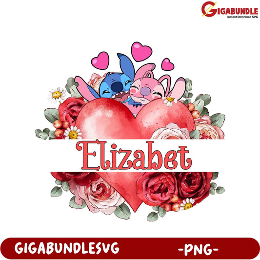 Adorable PNG Design with Floral Heart and Cute Characters - Elizabeth