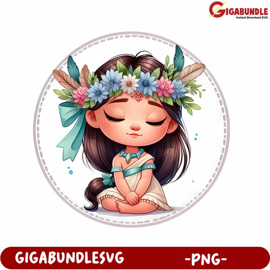 Adorable PNG Illustration of a Girl with Floral Crown Design
