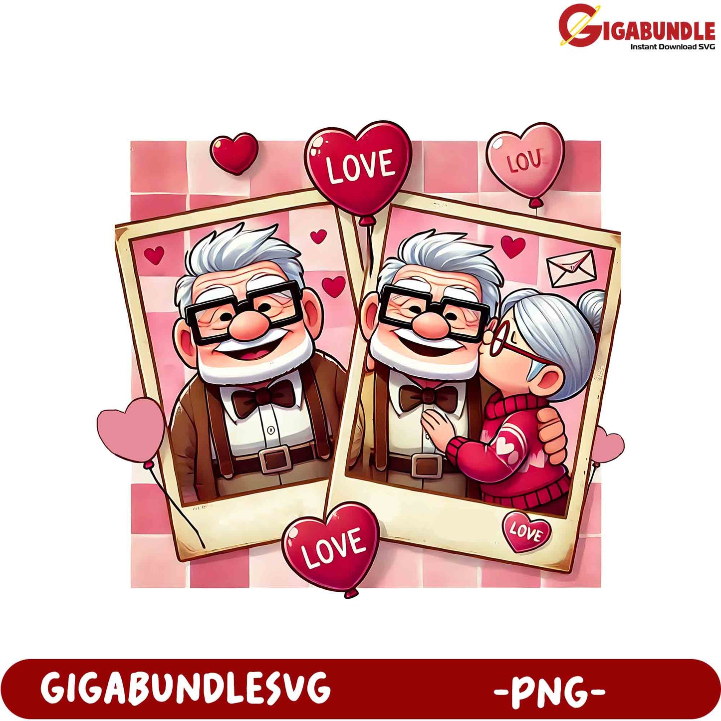 Adorable PNG Love Illustration of Senior Couple with Balloons and Hearts