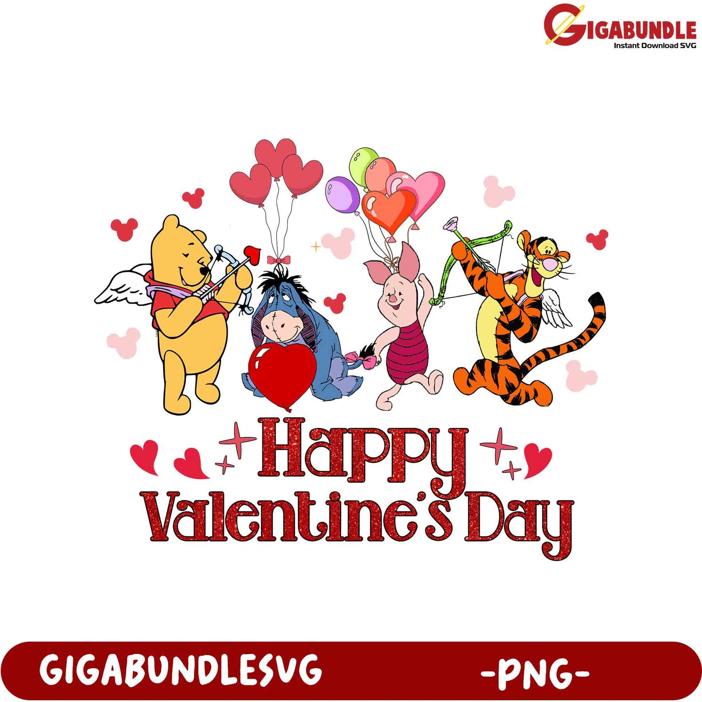 Adorable Pooh Bear and Friends Happy Valentine's Day PNG Design