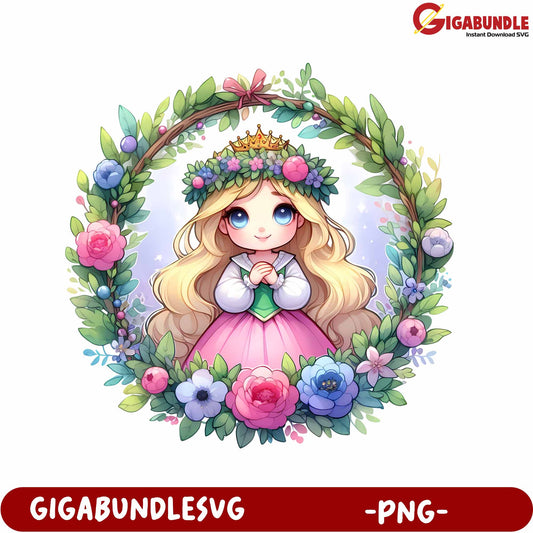 Adorable Princess in Floral Wreath PNG Downloadable Design