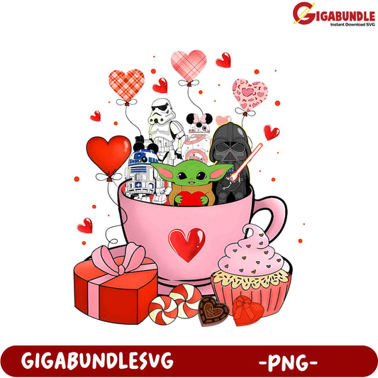 Adorable Star Wars Characters in Heart Cup PNG - Valentine's Day Design