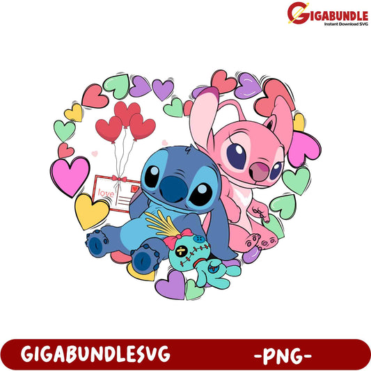 Adorable Stitch and Angel Love PNG – Cute Heart Design Download