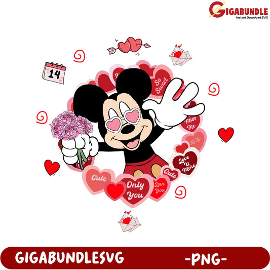 Adorable Valentine’s Day Mickey Mouse PNG with Hearts and Flowers