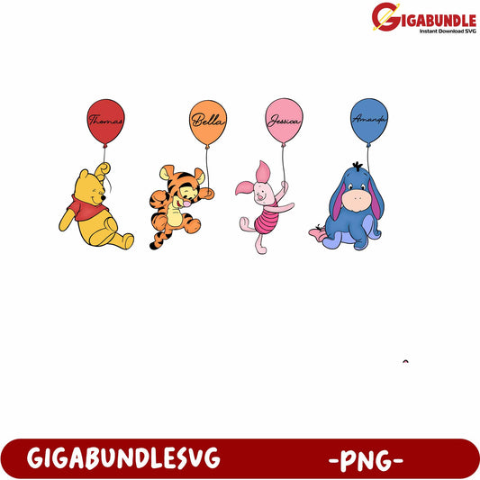 Adorable Winnie the Pooh Characters with Colorful Balloons PNG