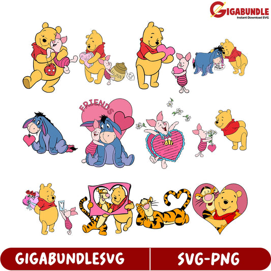 Adorable Winnie the Pooh SVG Bundle Friends and Hearts Collection