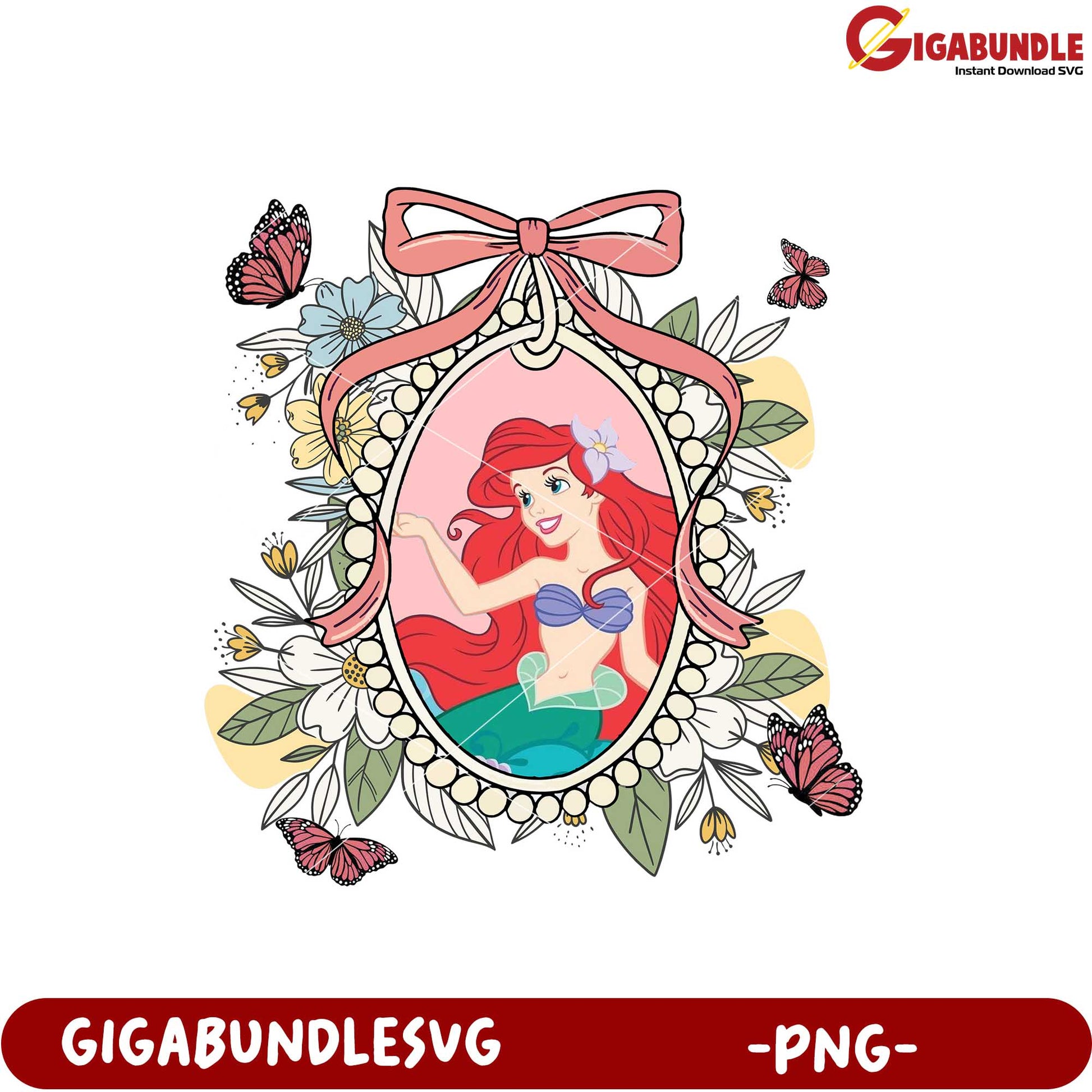 Ariel Mermaid Floral Frame PNG Artwork Design Download