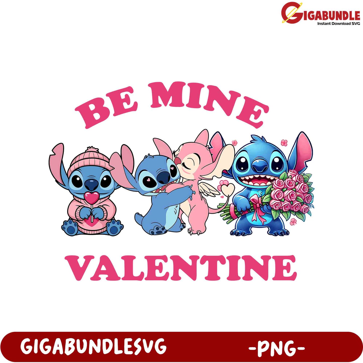 Be Mine Valentine Cute Stitch and Friends PNG Design for Crafting