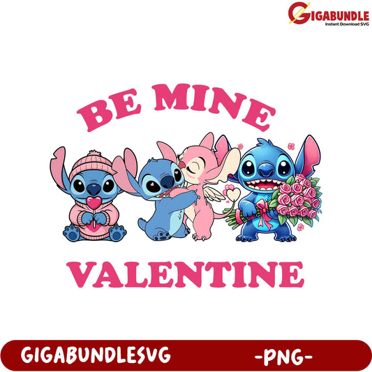 Be Mine Valentine Cute Stitch and Friends PNG Design for Crafting