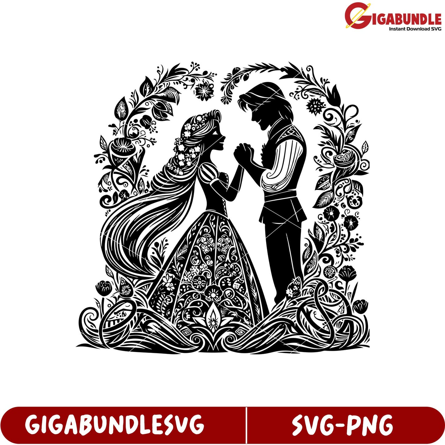 Beautiful Black Silhouette Couple in Floral Design SVG Graphic Download