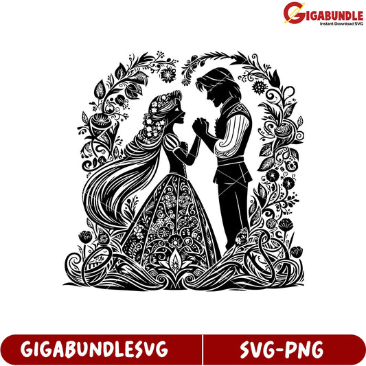 Beautiful Black Silhouette Couple in Floral Design SVG Graphic Download