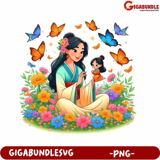 Beautiful Girl with Butterflies and Flowers PNG Artwork Design