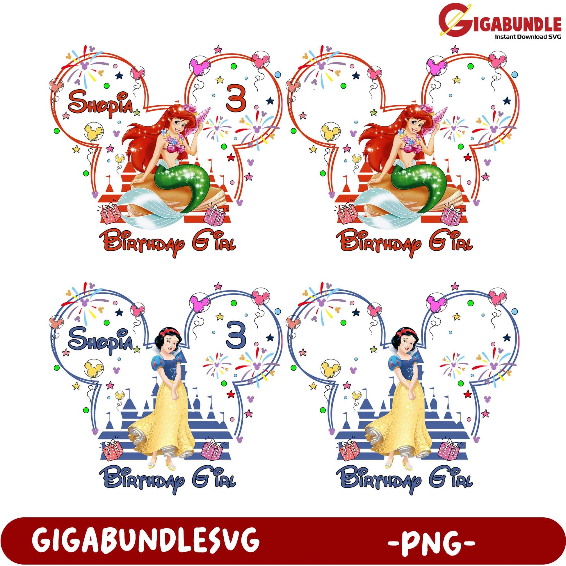 Birthday Girl PNG Bundle Ariel & Snow White Designs