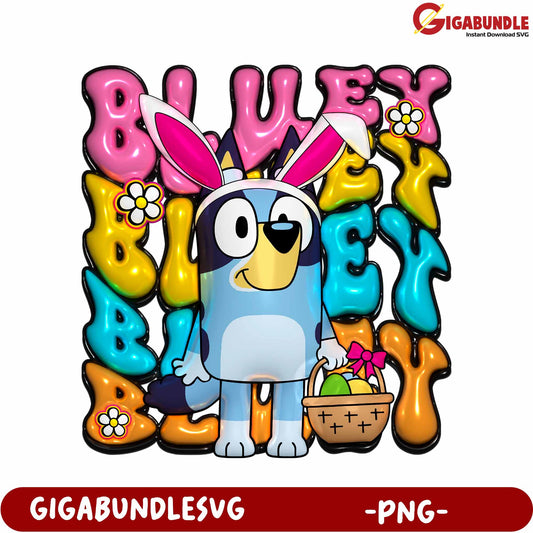 Bluey Bunny Character PNG with Colorful Text Design Download
