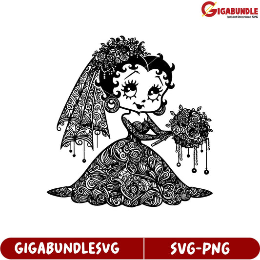 Bridal SVG Design Elegant Bride Holding Bouquet with Decorative Elements
