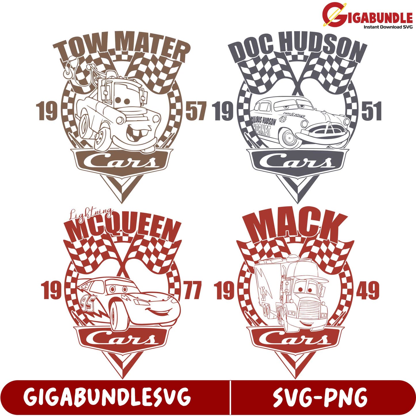 Cars SVG Bundle Tow Mater, Doc Hudson, McQueen & Mack Designs