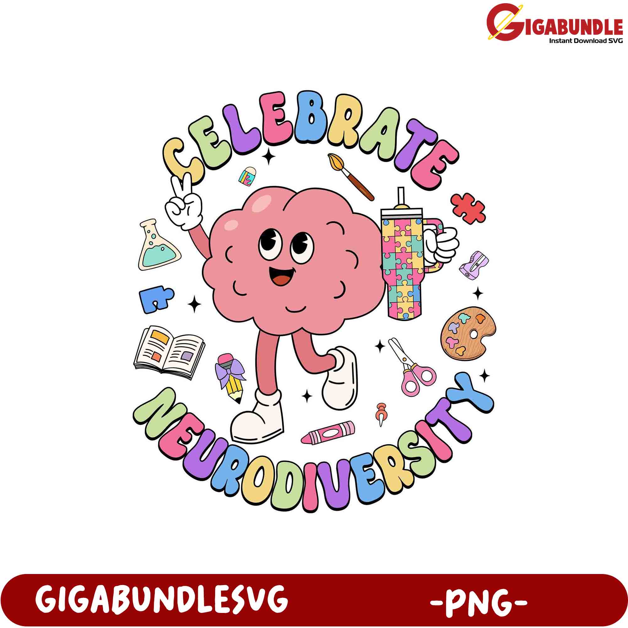 Celebrate Neurodiversity Cute Brain PNG Graphic Design – Gigabundlesvg