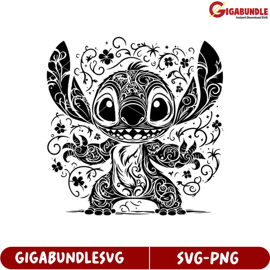 Charming Black Outline Cartoon Character Floral SVG Design for Crafts