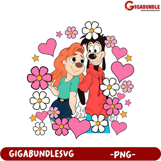 Charming Cartoon Couple PNG with Flowers and Hearts for Download