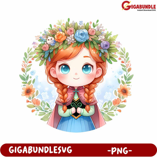 Charming Cartoon Girl with Floral Crown PNG for Crafts and Designs
