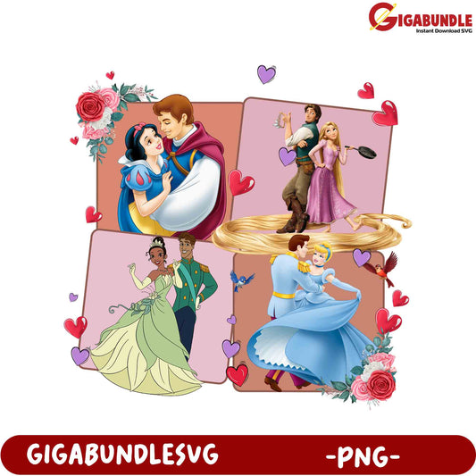 Charming Disney Princess Couples PNG Graphic for Instant Download